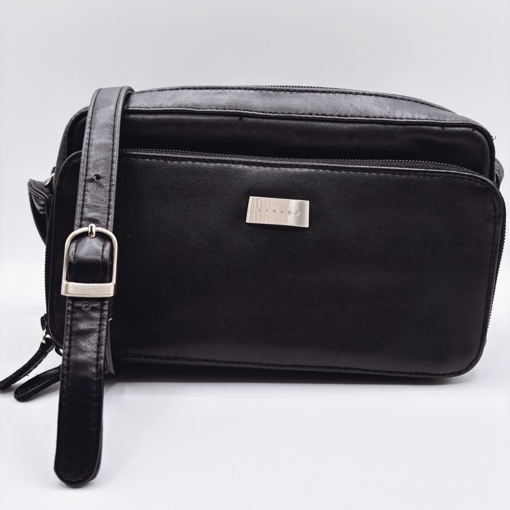 Strada Black Genuine Leather Crossbody Bag Multi Pocket Camera Vintage‎ 90s